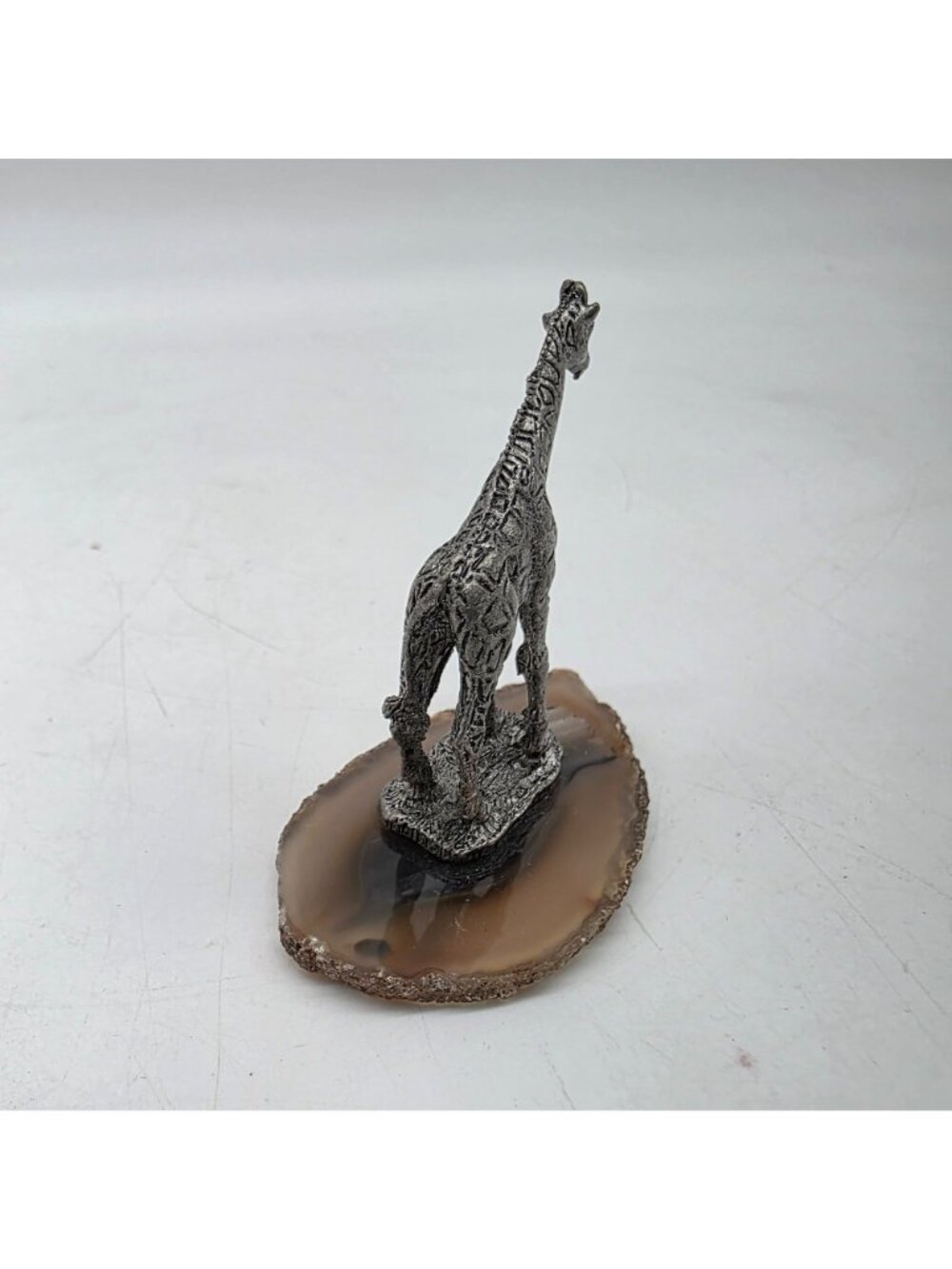 Pewter Giraffe Figurine On Polished Agate Stone Base 2" tall - Picture 5 of 8